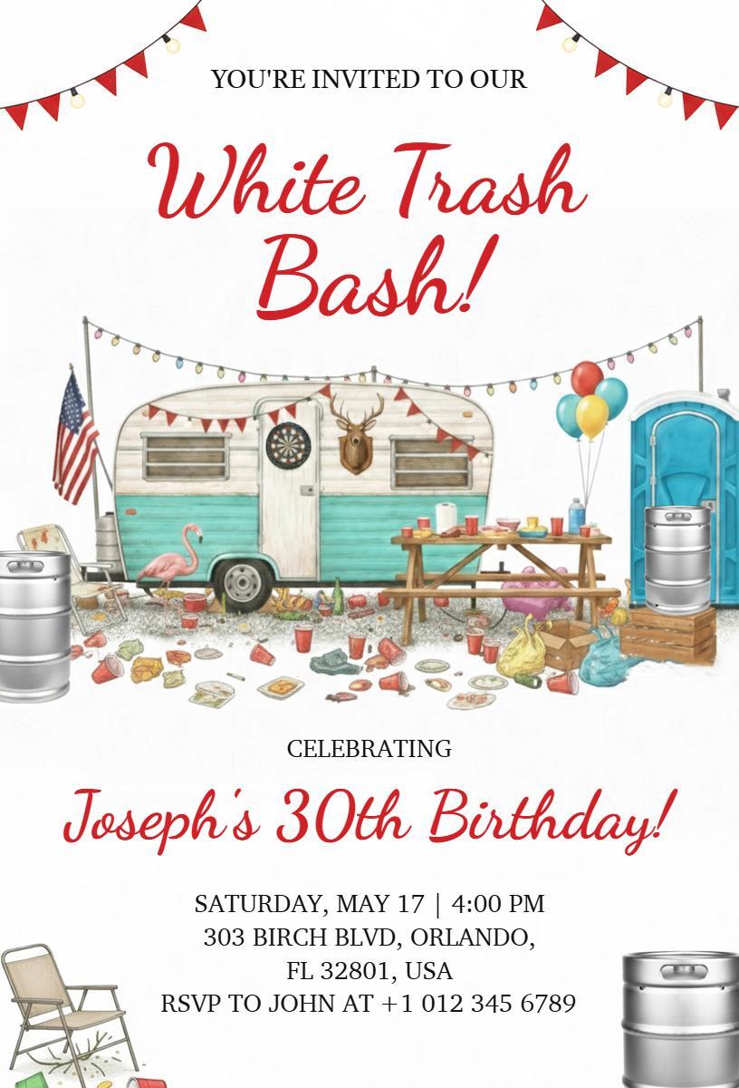 Playful White Trash Themed 30th Birthday Bash Invitation Template