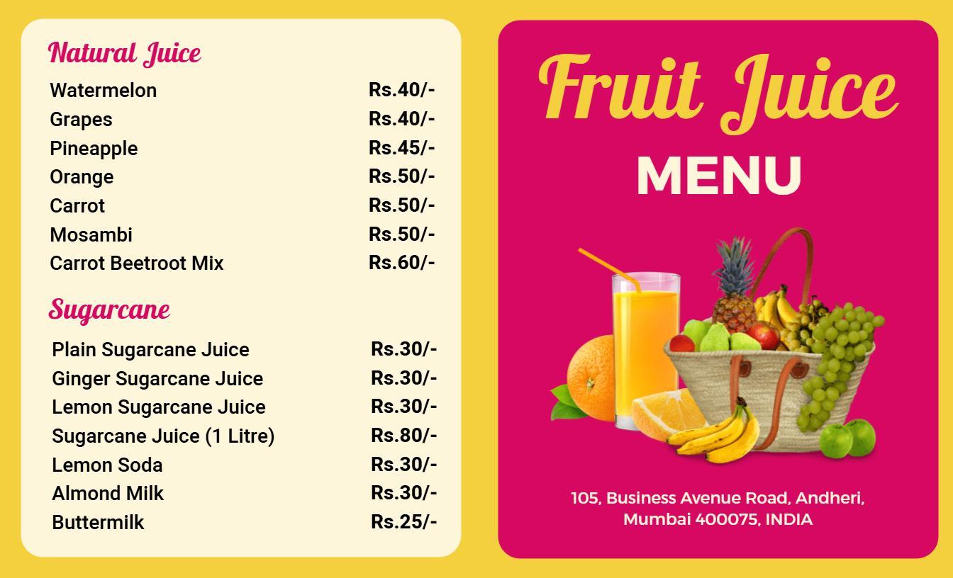 Playful Yellow and Pink Fruit Juice Menu Template
