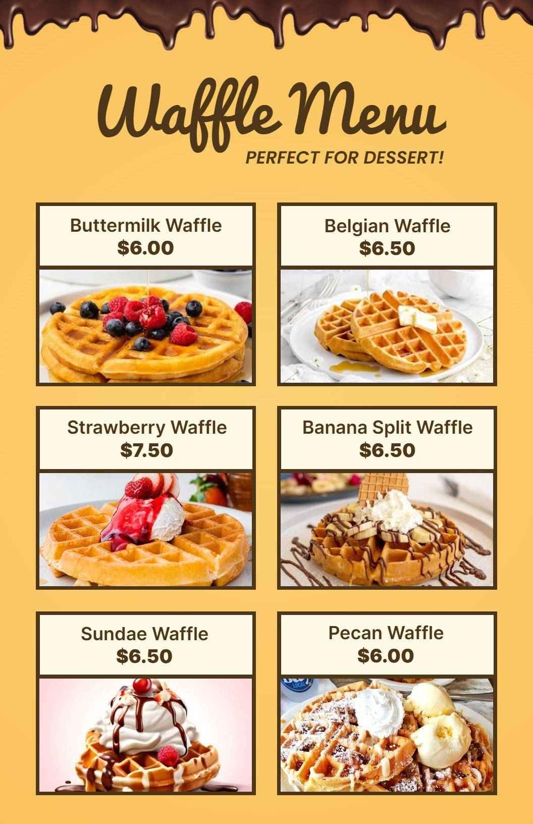 Playful Yellow Dessert Waffle Options Display Menu Template
