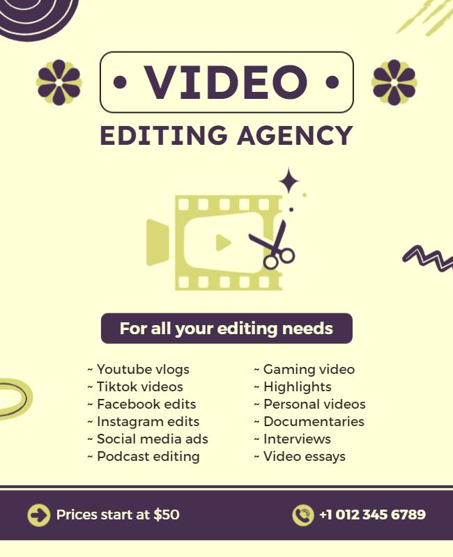 Playful Yellow Video Editing Agency Services Poster Template