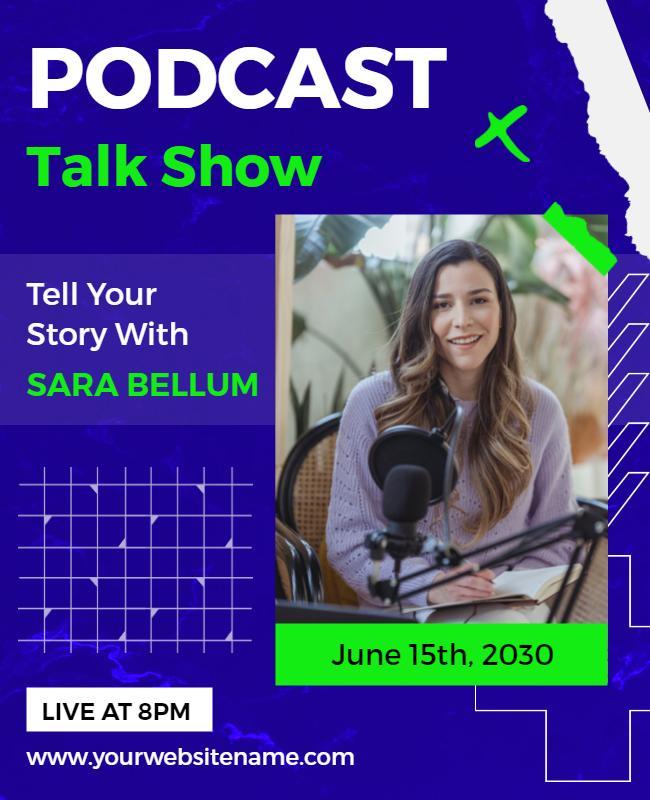 Modern Blue Podcast Talk Show Featuring Sara Bellum Flyer Template