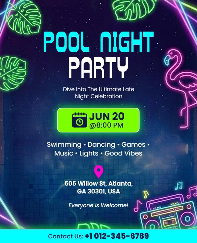 Pool Night Party Celebration Flyer Template