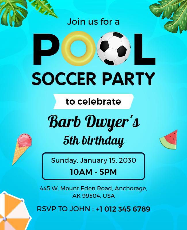 Pool Soccer Birthday Party Flyer Template