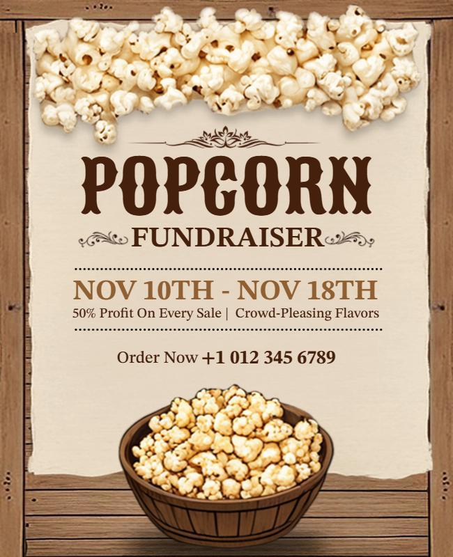 Rustic Brown Popcorn Fundraiser with Bowl Flyer Template