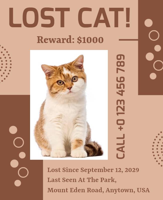 Practical Brown Lost Cat Poster with Reward Offer Template