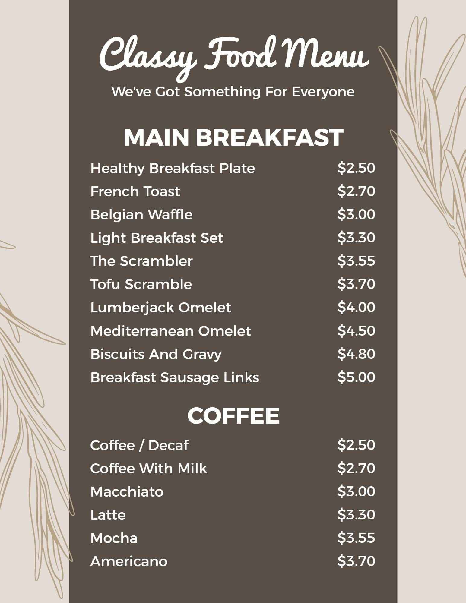 Premium Breakfast Choices and Artisanal Coffee Fancy Menu Template