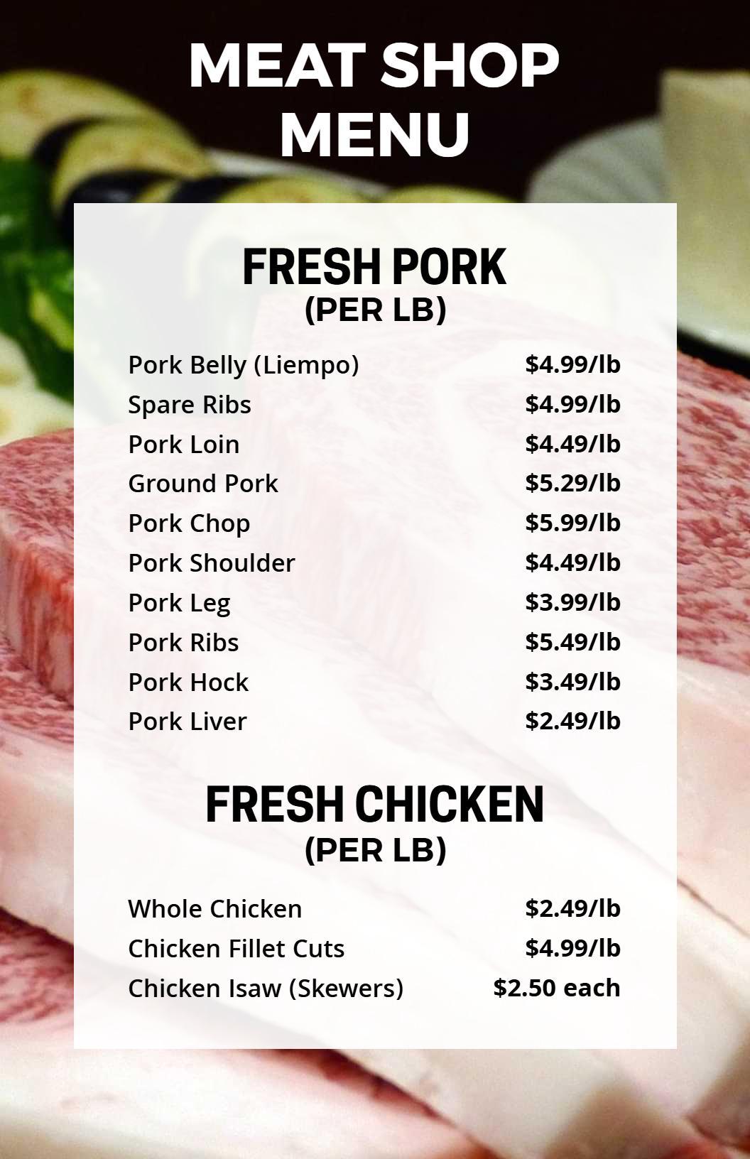Premium Fresh Pork and Chicken Selections with Prices Meat Menu Template