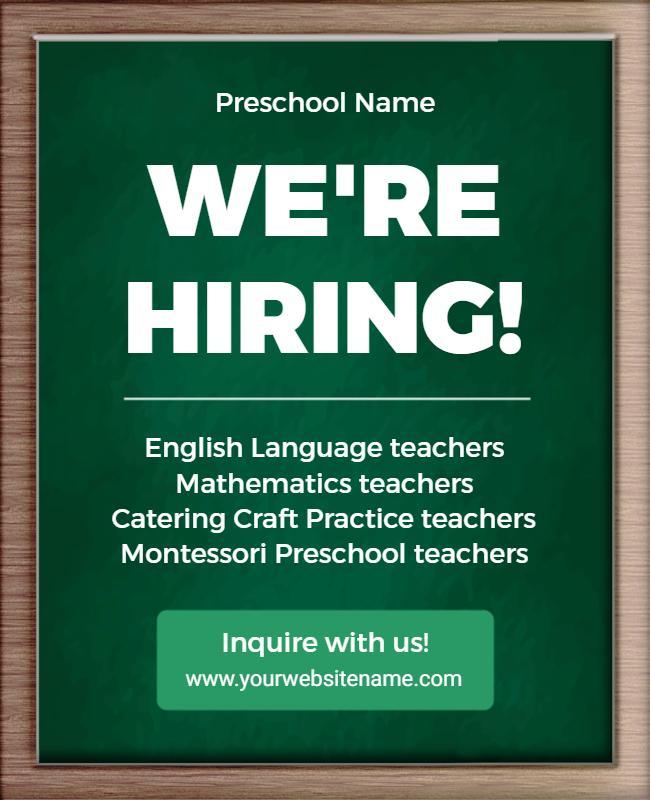 Preschool Teacher Recruitment Announcement Flyer Template