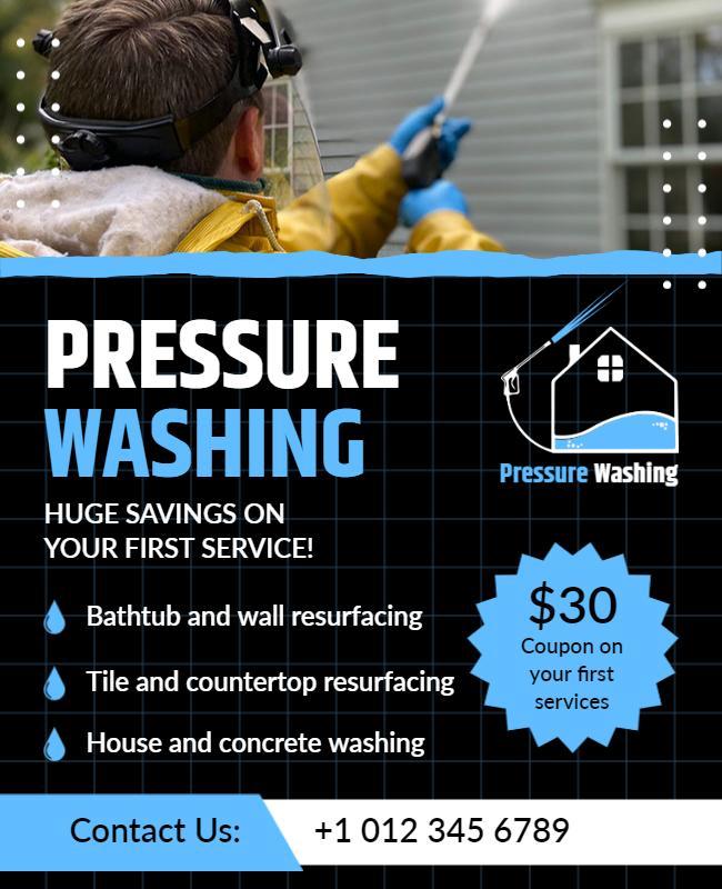 Bold Black and Blue Pressure Washing Services Flyer Template