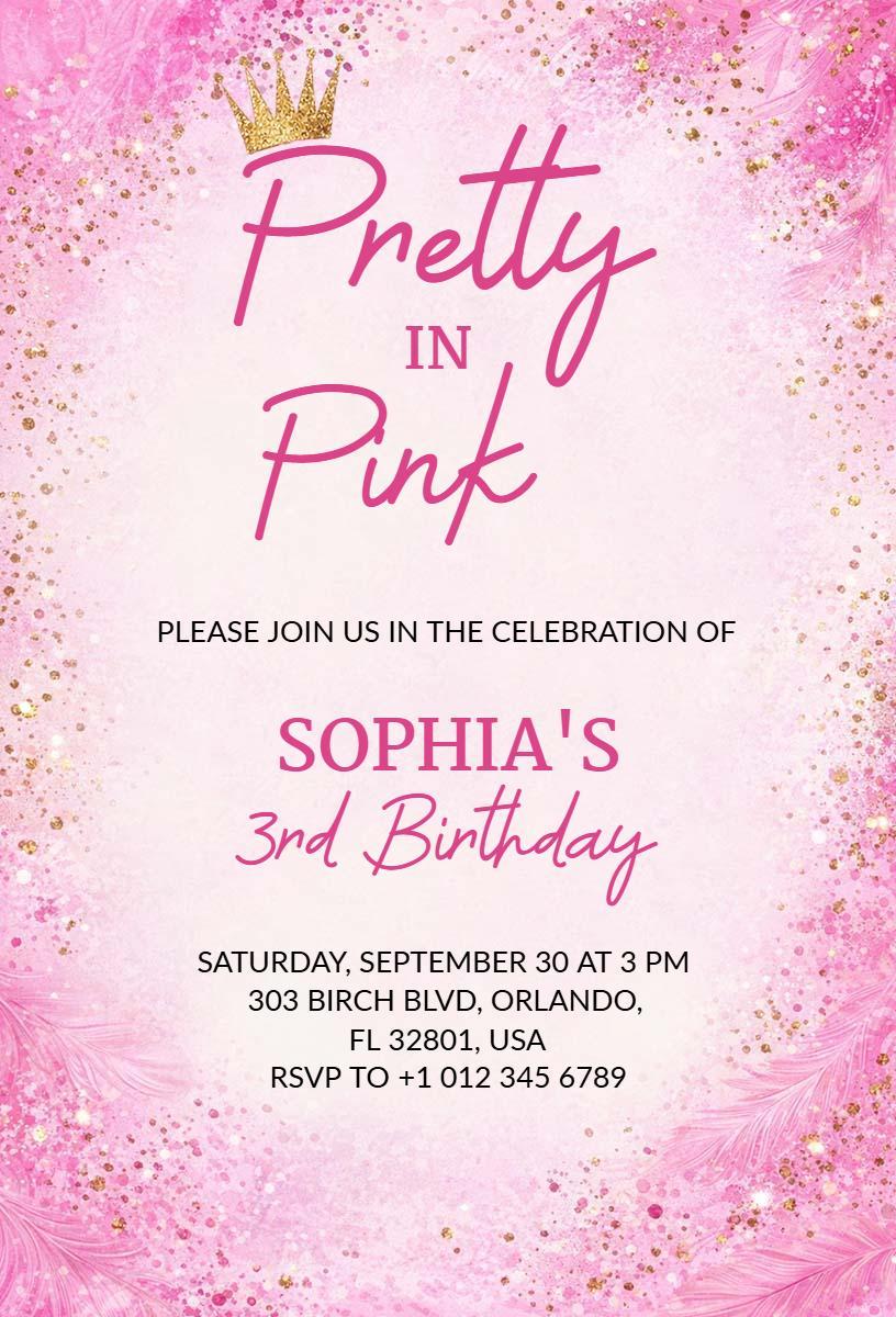 Pretty in Pink 3rd Birthday Celebration Invitation Template