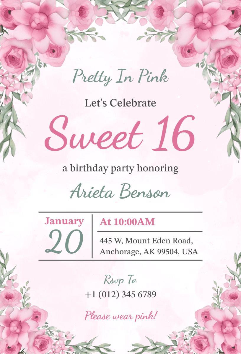 Pretty In Pink Sweet 16 Birthday Celebration Invitation Template