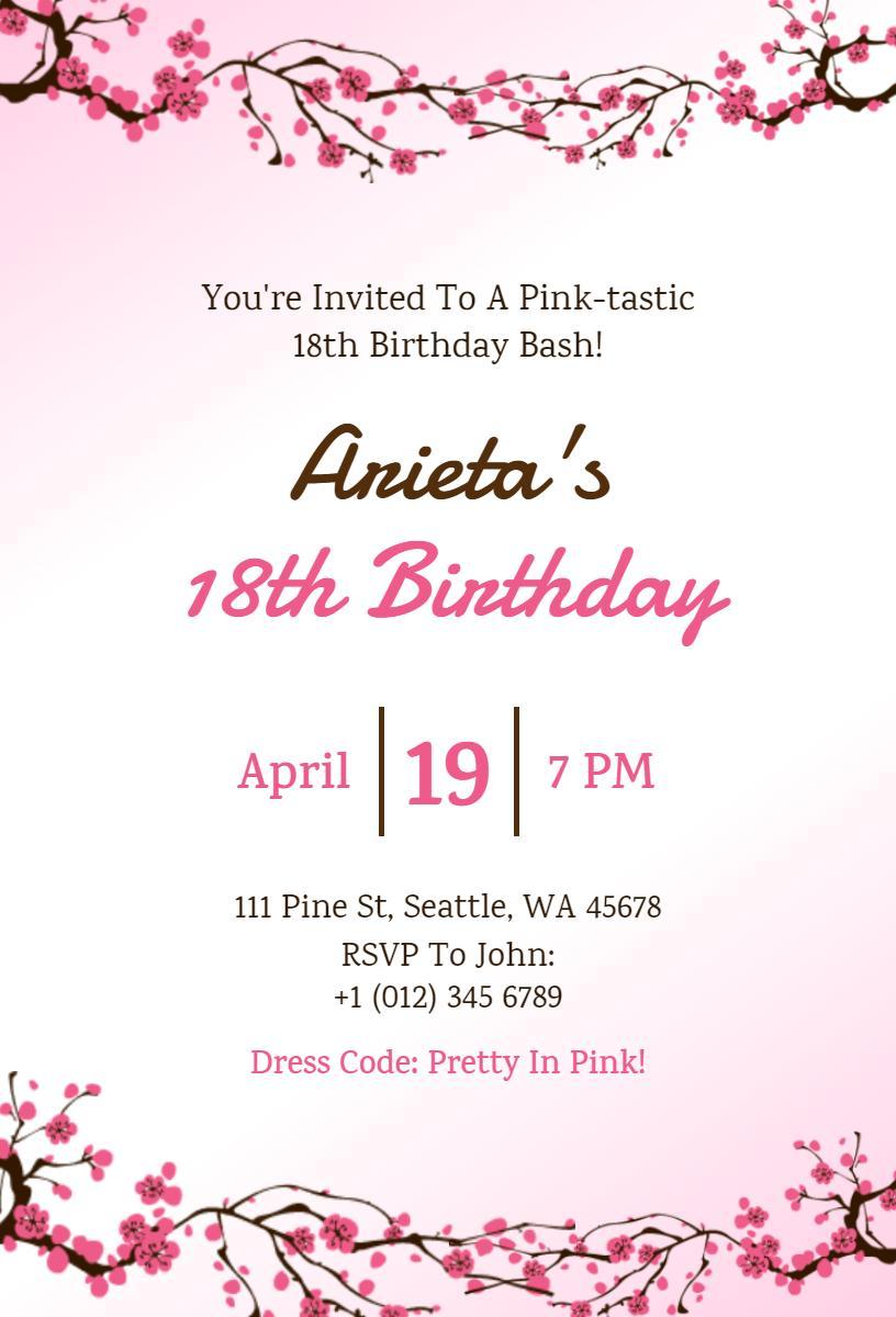 Pretty Pink 18th Birthday Celebration Invitation Template