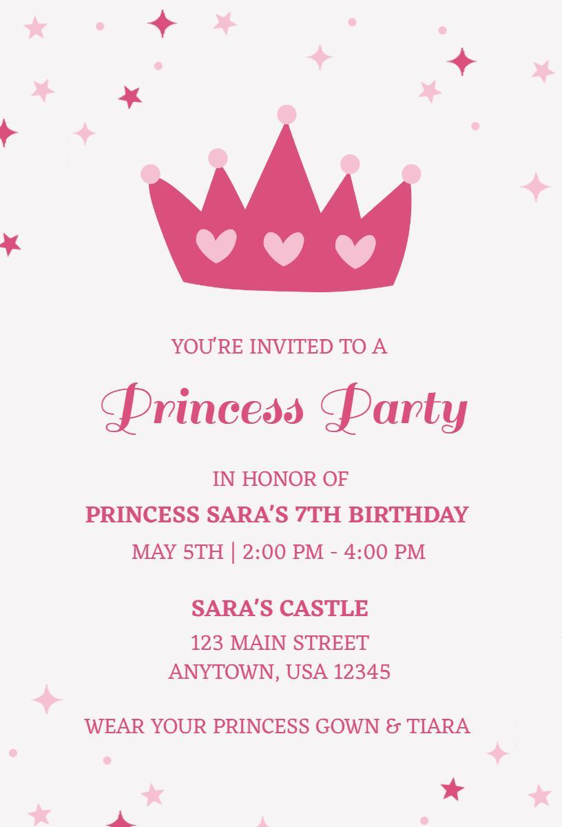 Princess Crown Pink Theme Birthday Party Invitation Template