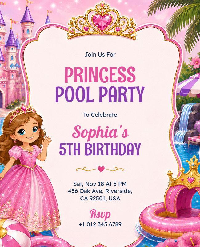 Princess Fifth Birthday Pool Party Flyer Template
