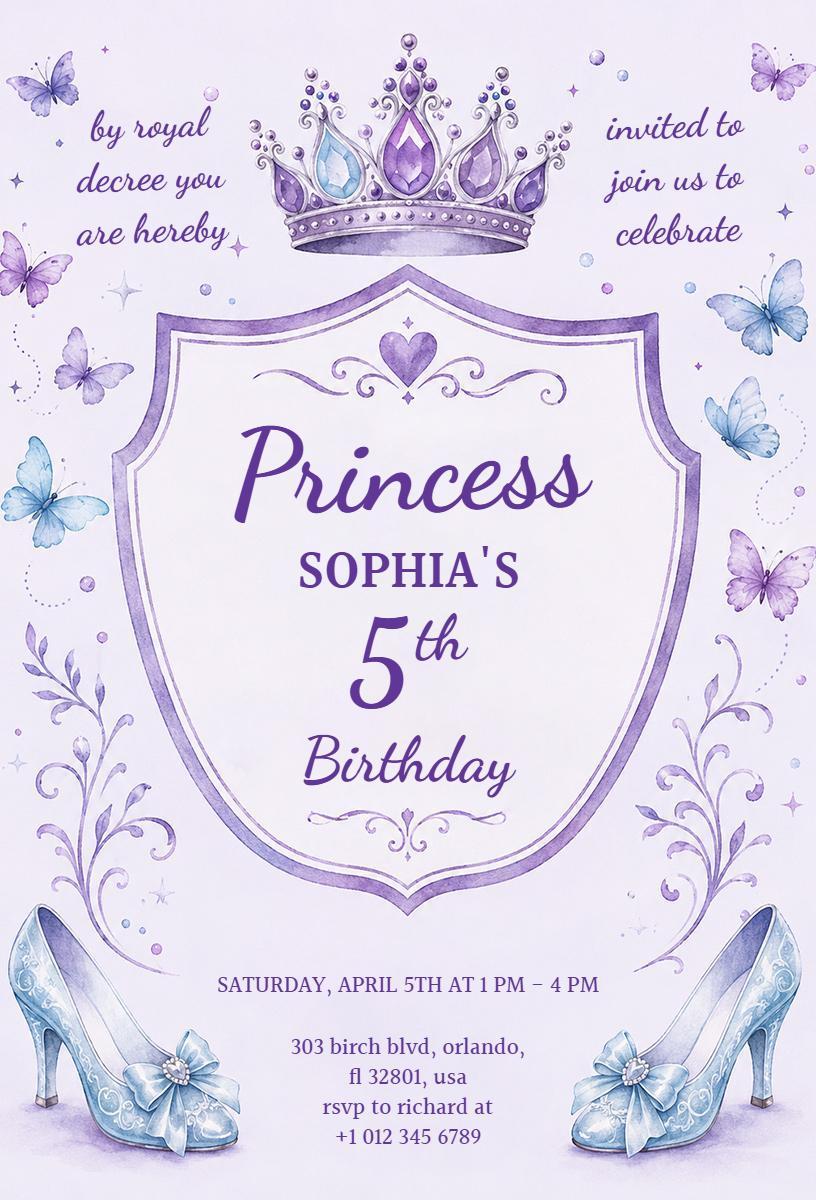 Princess Themed Purple Celebration Birthday Invitation Template
