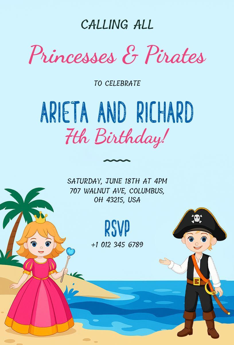 Princesses and Pirates Adventure Kids Birthday Invitation Template
