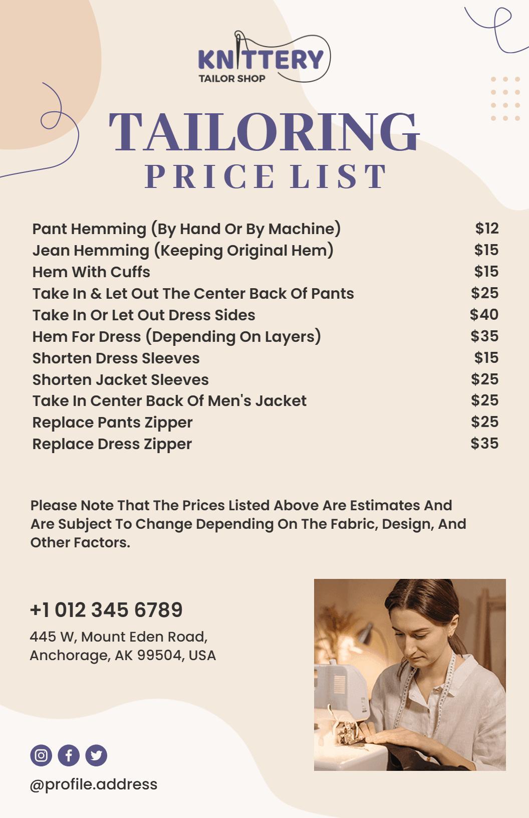 Professional Alterations and Hemming Services Tailoring Price List Template