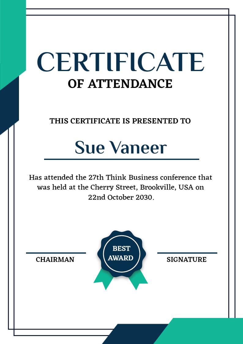 Professional Blue and Green Attendance Conference Certificate Template