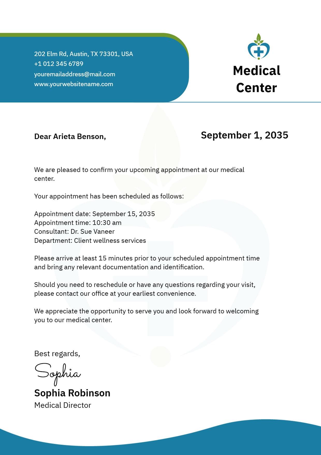 Professional Blue and Green Medical Appointment Letterhead Template