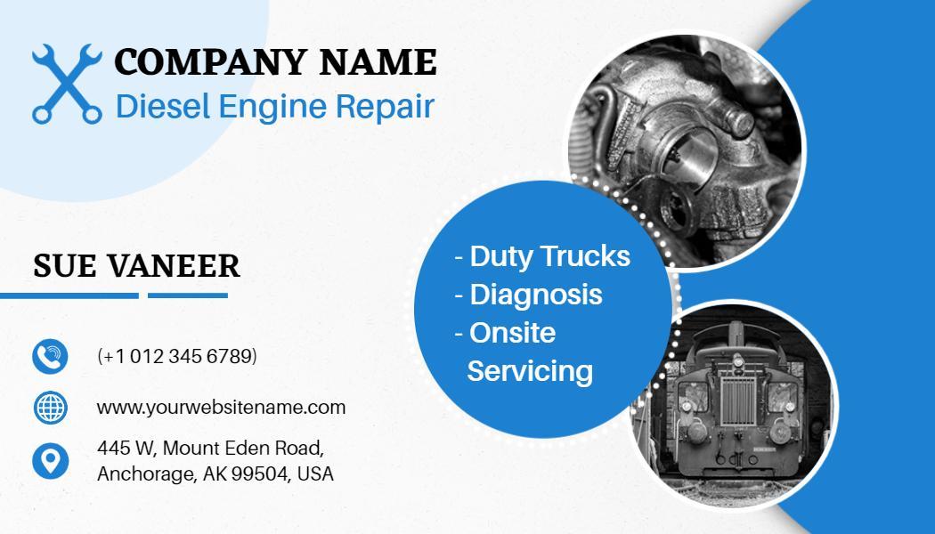 Professional Blue Auto Repair Diesel Engine Business Card Template