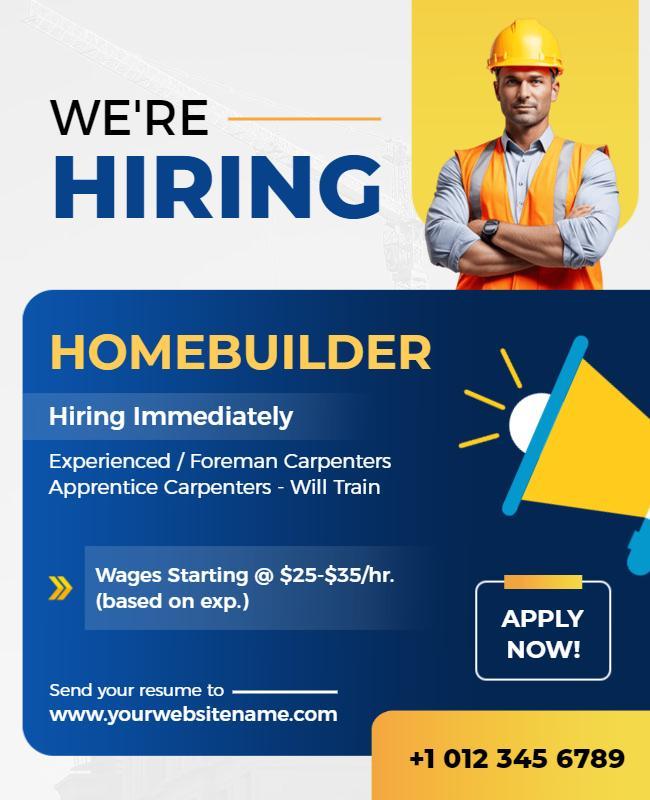 Professional Blue Construction Job Hiring Announcement Poster Template