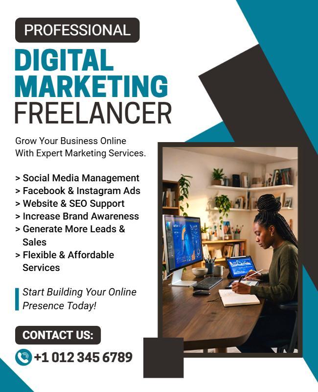 Professional Blue Digital Marketing Freelancer Services Flyer Template