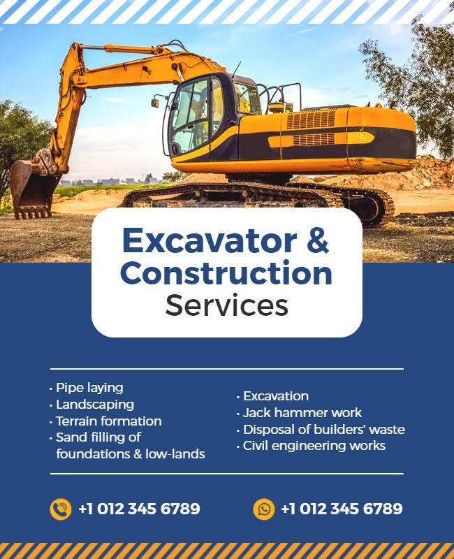 Professional Blue Excavator Construction Services Poster Template