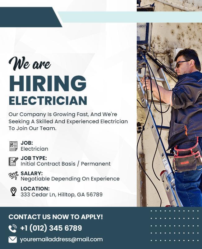 Professional Blue Hiring Electrician Job Announcement Poster Template
