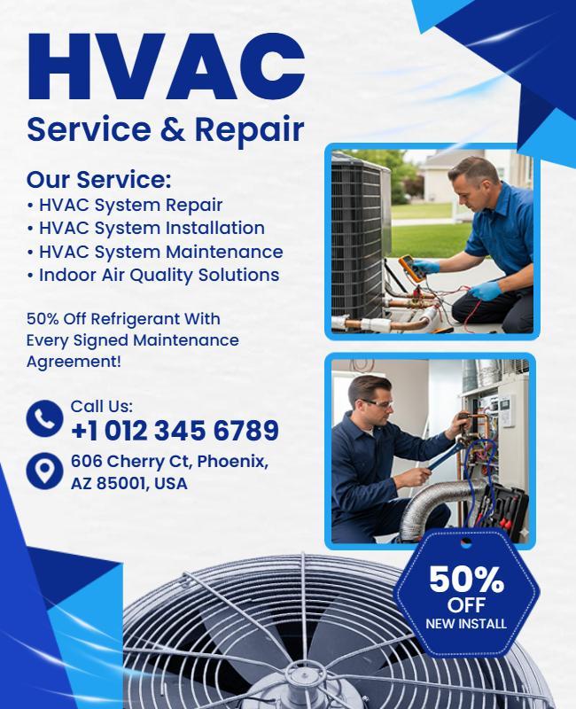 Professional Blue HVAC Service and Repair Solutions Flyer Template