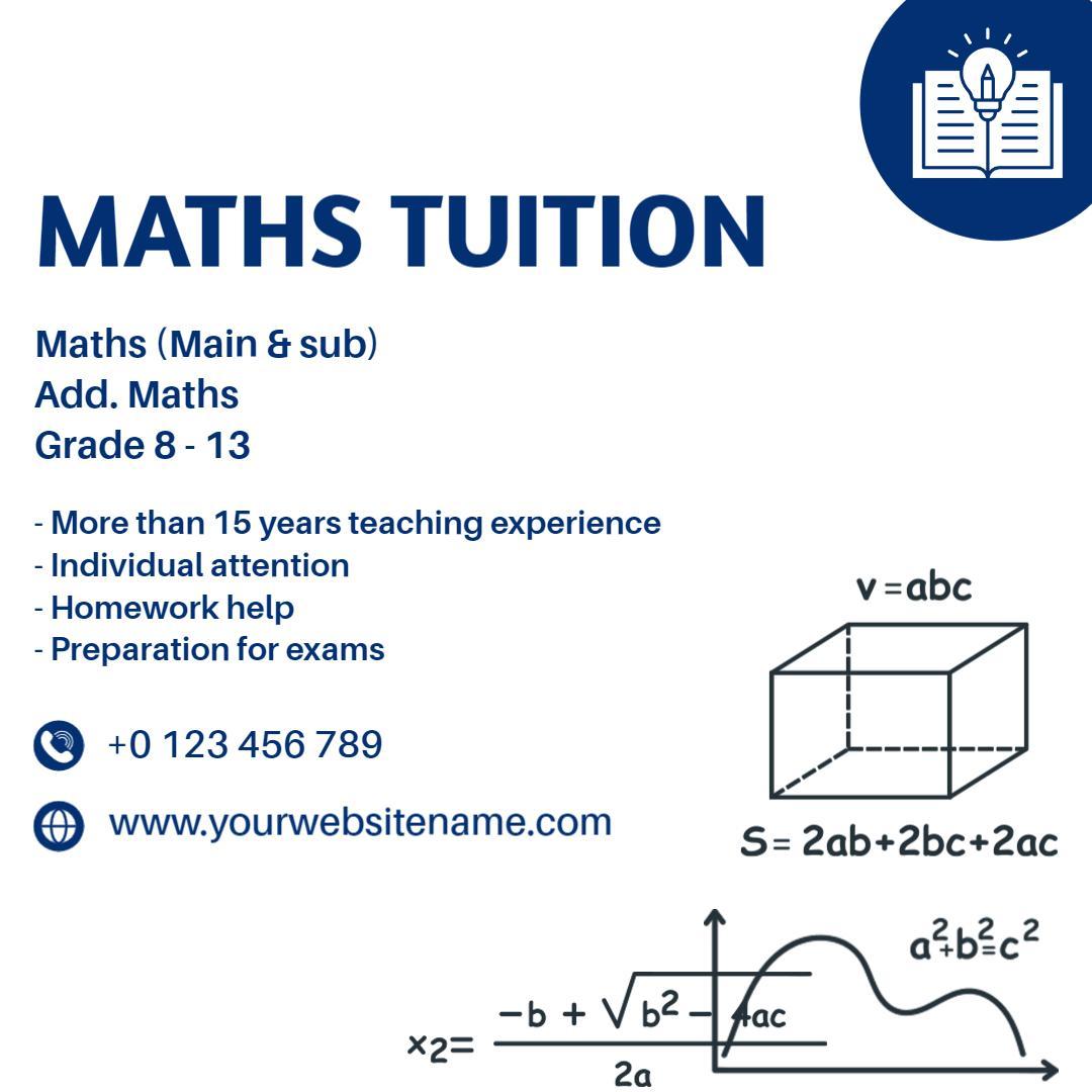Professional Blue Maths Tuition with Personalized Support Ad Template