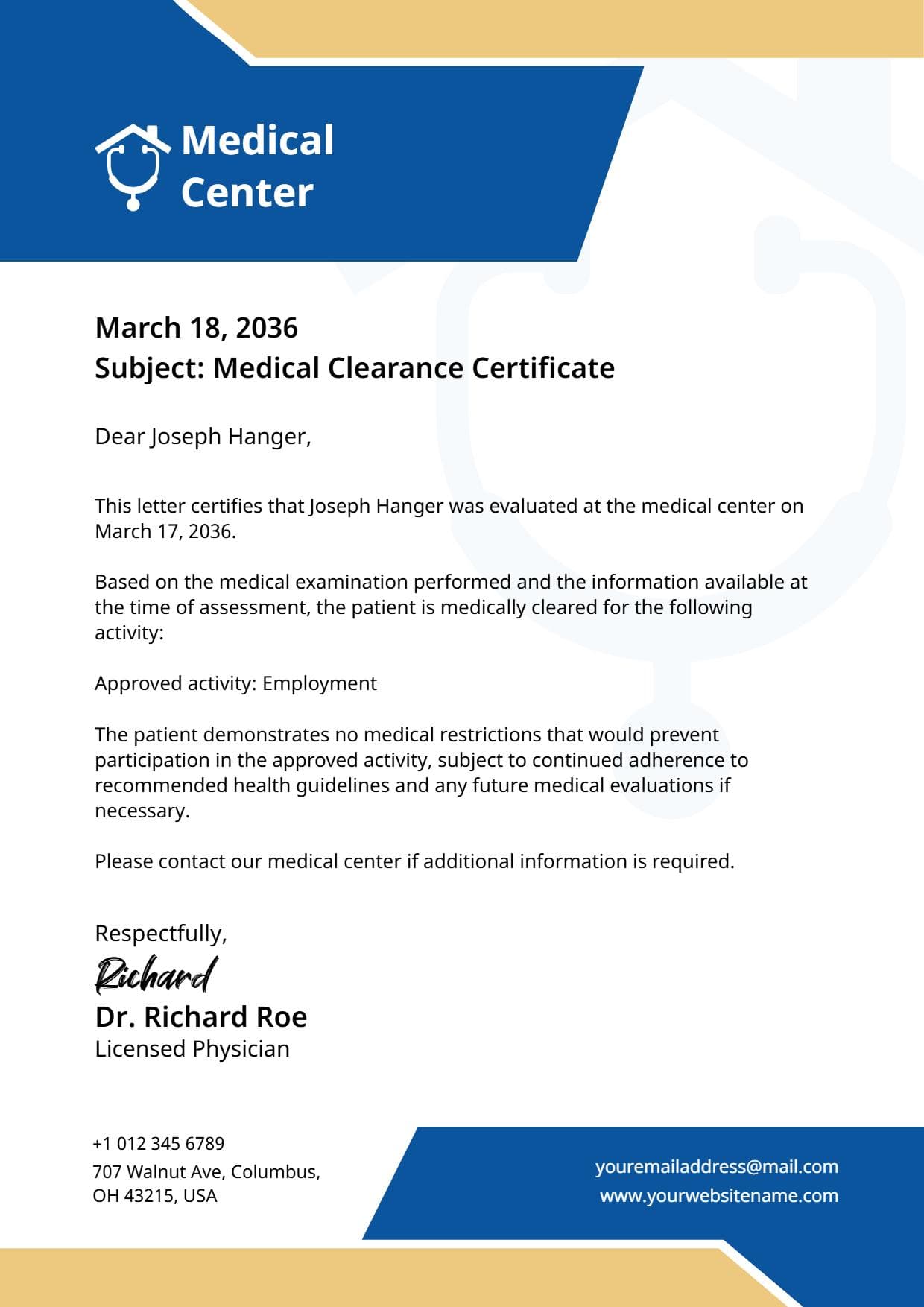 Professional Blue Medical Clearance Certificate Letterhead Template