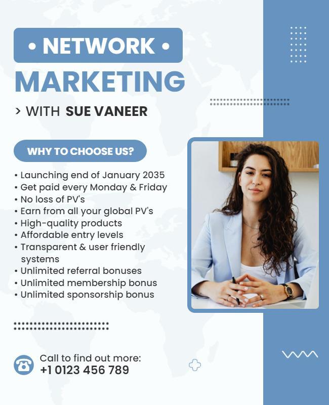Professional Blue Network Marketing with Sue Vaner Poster Template
