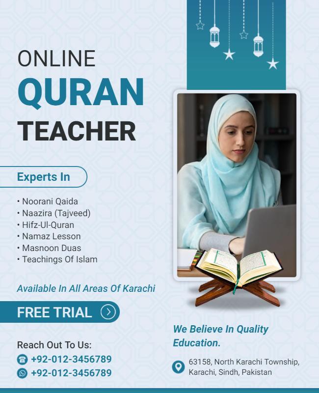 Professional Blue Online Quran Teacher Education Poster Template