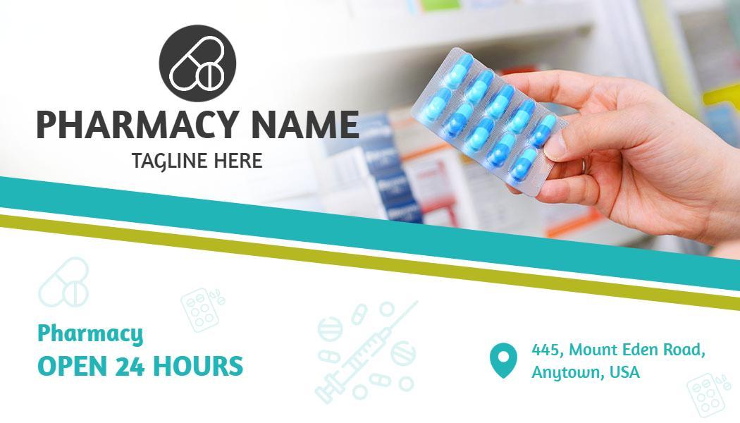 Professional Blue Pharmacy Open 24 Hours Business Card Template
