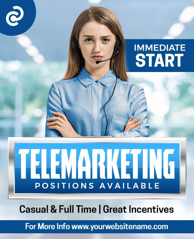 Professional Blue Telemarketing Job Recruitment Poster Template