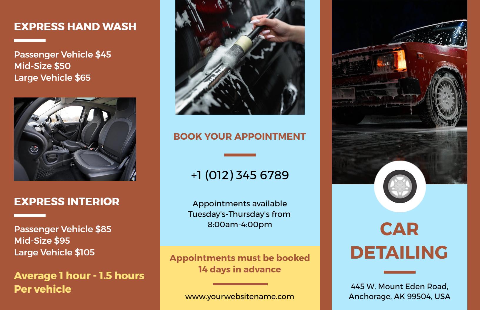 Professional Car Detailing Services Pricing and Appointment Brochure Template