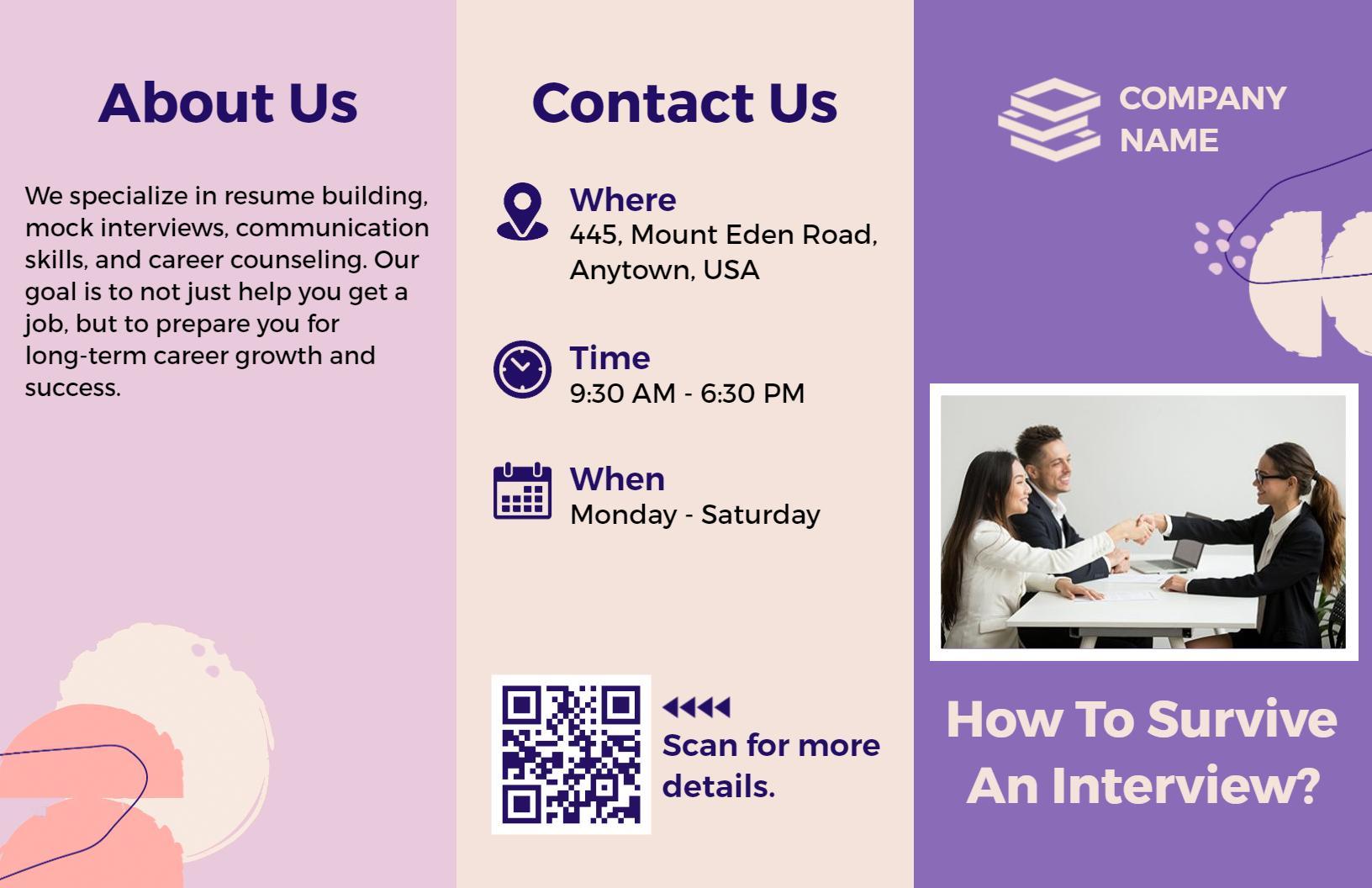 Professional Career Counseling Interview Preparation Tri Fold Brochure Template