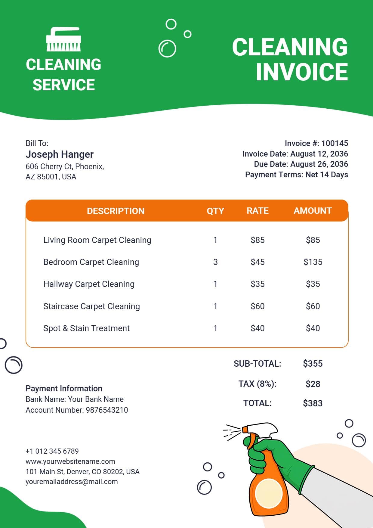 Professional Carpet and Interior Cleaning Service Billing Invoice Template