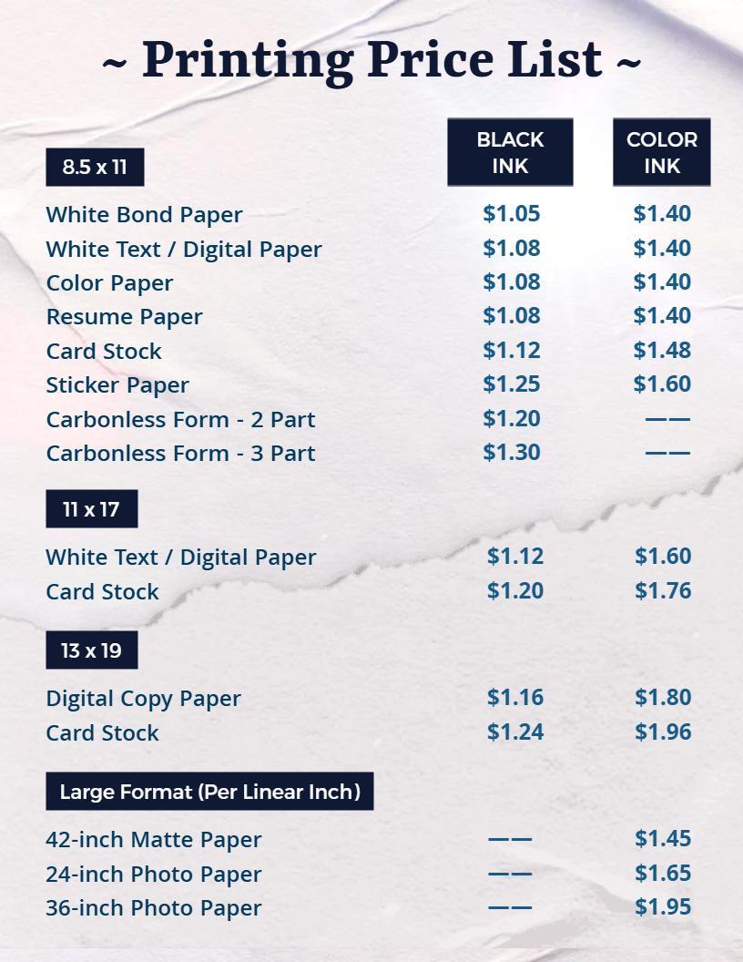 Professional Clean Printing Price List Template