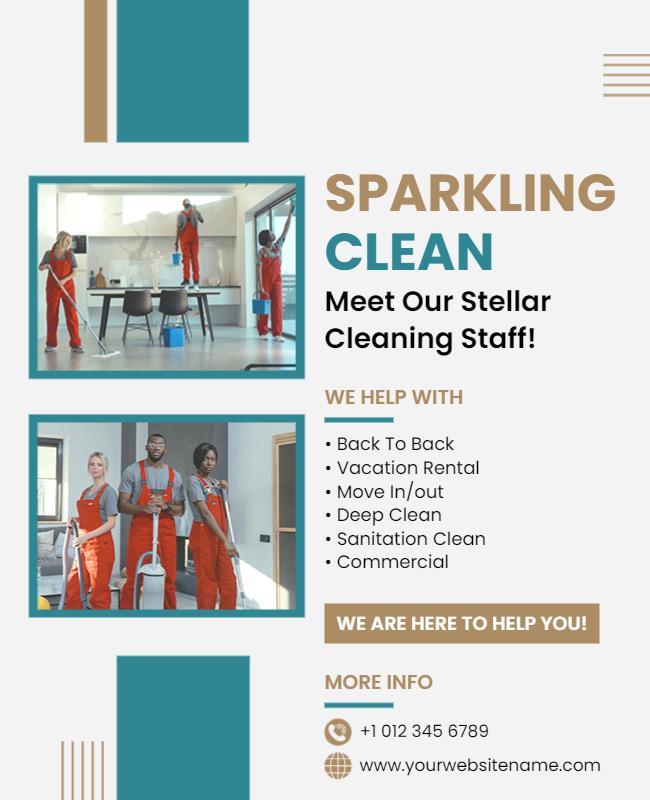 Modern Teal and White Cleaning Service Staff Introduction Flyer Template