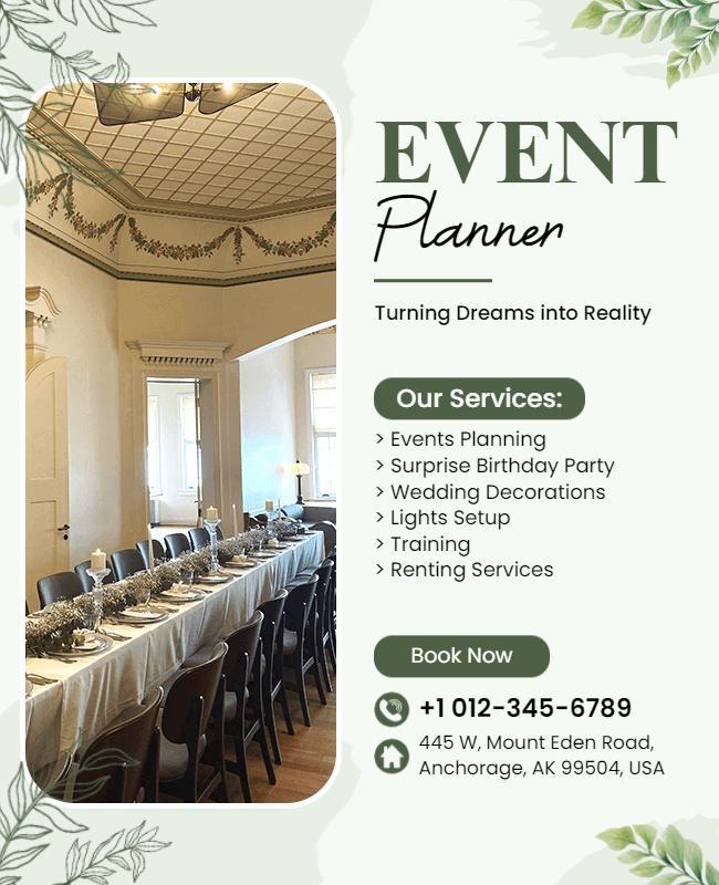 Elegant Green Floral Event Planner Services Flyer Template