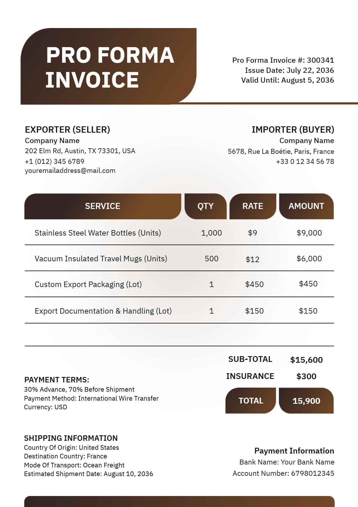 Professional Export-Import Transaction Billing Proforma Invoice Template