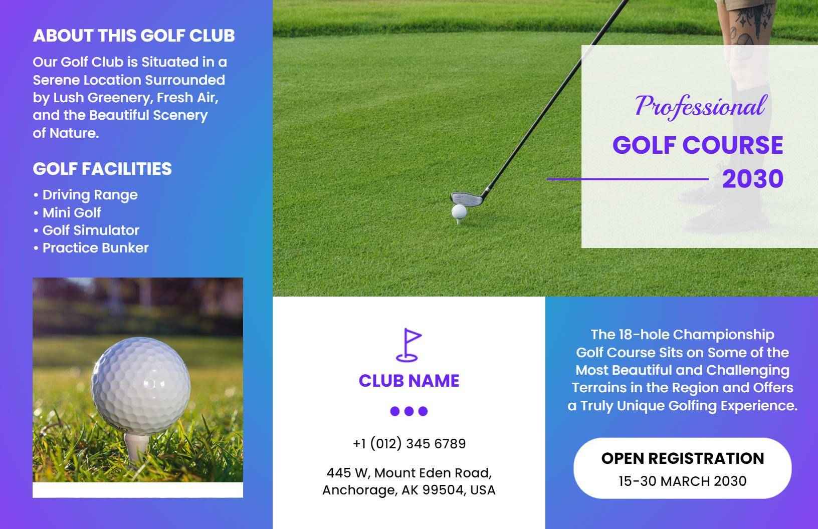 Professional Golf Course Club Facilities Registration Brochure Template