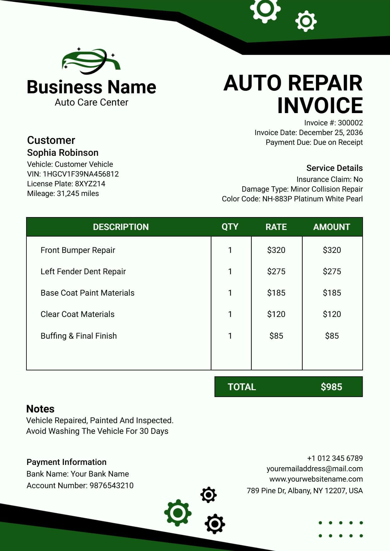 Professional Green Automotive Maintenance Invoice Template