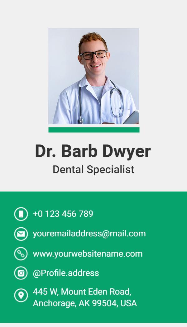 Professional Green Dental Specialist with Contact Details Business Card Template