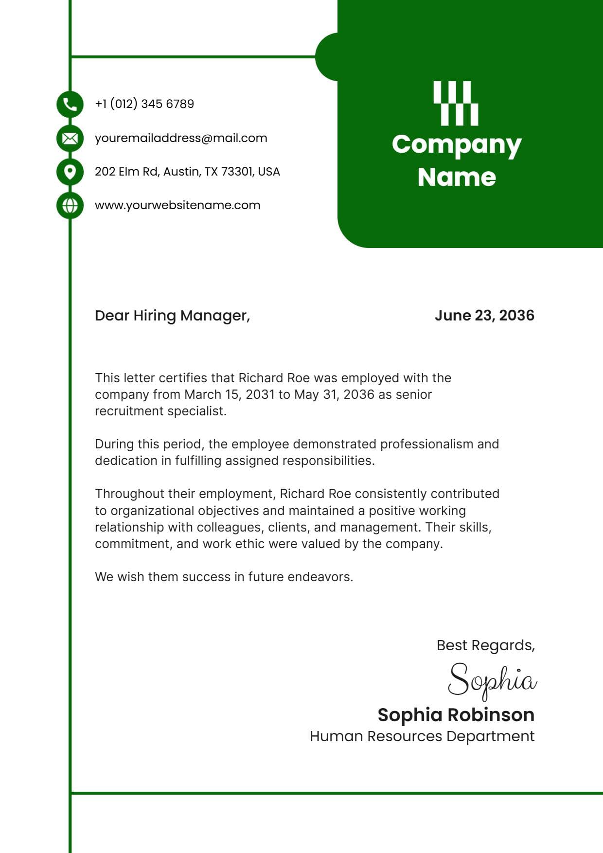 Professional Green Employment Verification Letterhead Template