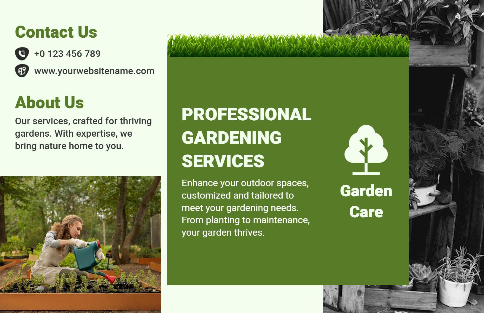 Professional Green Gardening Services and Care Brochure Template