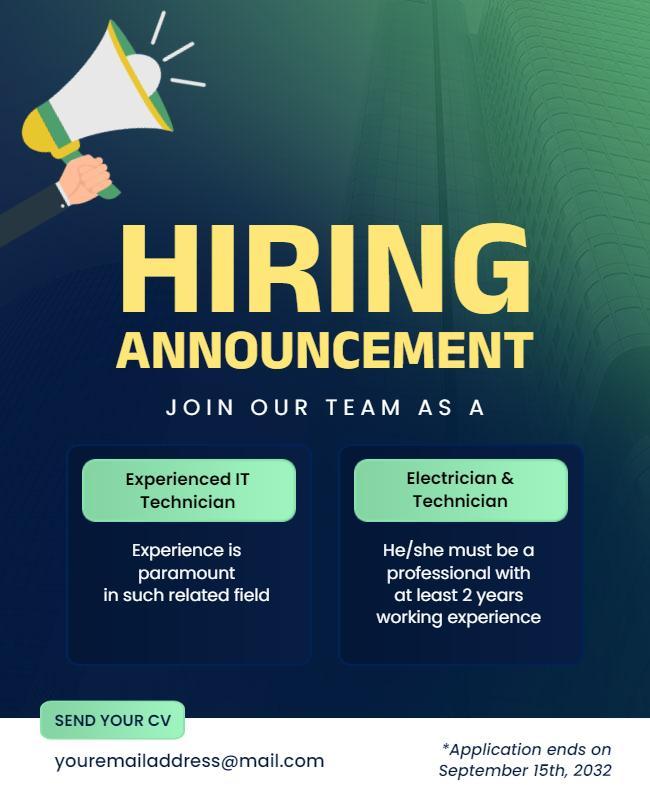 Professional Green Hiring Announcement for IT and Electrician Poster Template