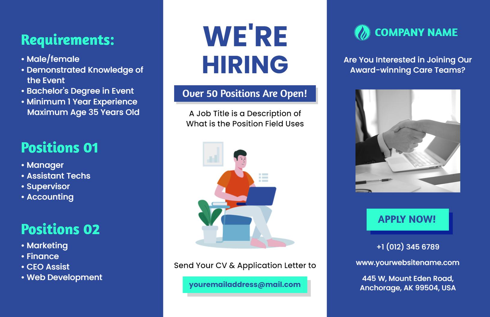 Professional Hiring Announcement for Multiple Job Positions Brochure Template