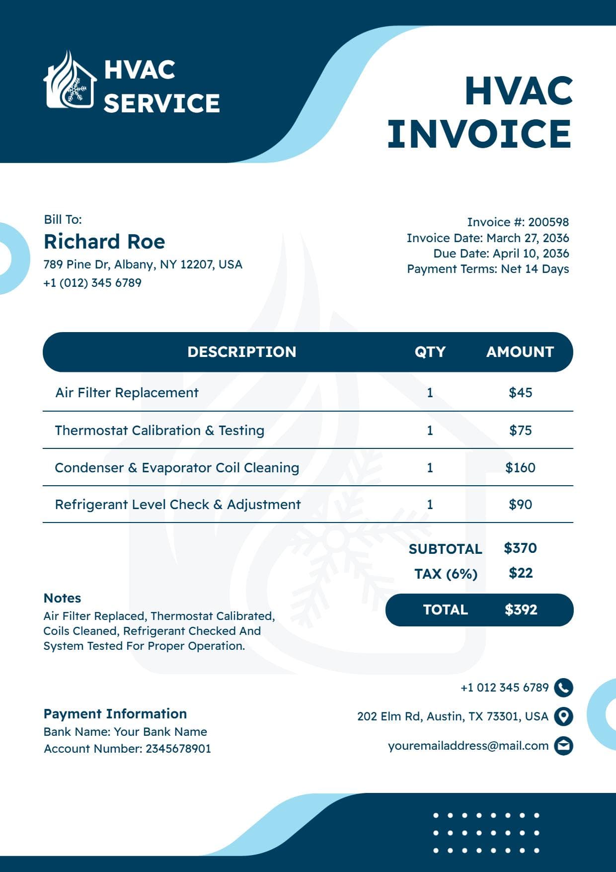 Professional HVAC Service Billing with Detailed Charges Invoice Template